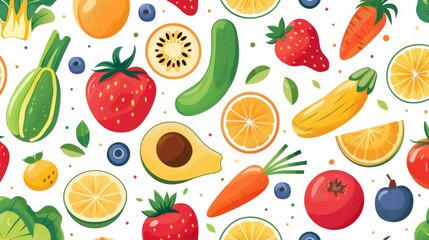 Seamless pattern of flat fruit and vegetable icons, creating a fresh and healthy background.