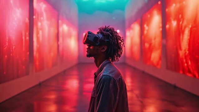 A man wearing a virtual reality headset sits in a room with holographic visuals projected on the walls.