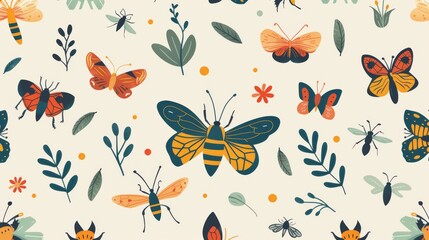 Flat illustration of insects like butterflies and bees in a seamless pattern for a nature-inspired design.