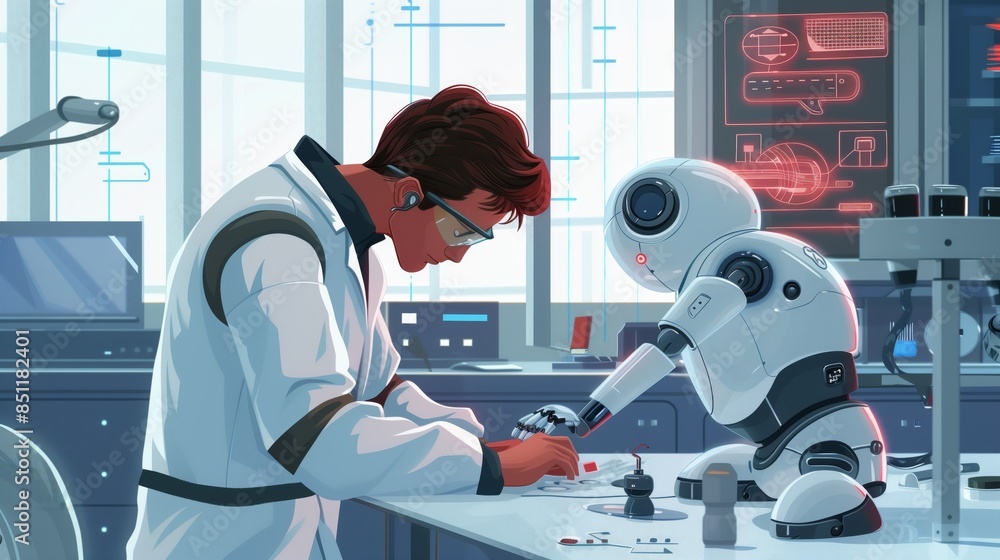 Poster an engineer diligently develops a cutting-edge ai robot prototype in a sleek, high-tech lab.