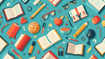 Seamless background with flat illustration of educational icons such as books and pencils.