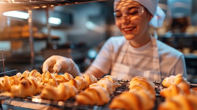 Smiling Baker Preparing Fresh Croissants in Modern Bakery Kitchen