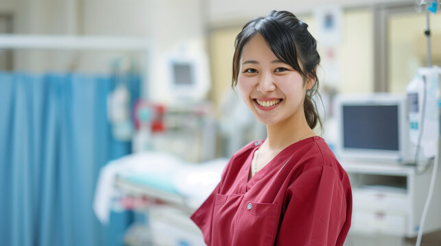 Young Japanese female midwife standing in the hospital room happily, the midwife looks professional and full of enthusiasm, Ai generated Images
