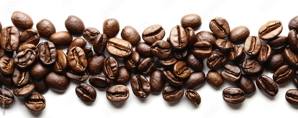 Poster a row of coffee beans with a white background. the beans are of different sizes and are spread out i