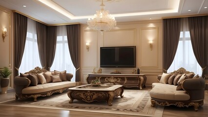 Royal luxury living room interior design with TV, tan and white colors interior design, luxurious living room home decor design of a king palace, photo realistic 