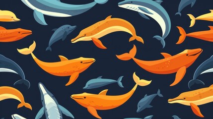 Flat design of sea creatures like whales and dolphins in a seamless pattern for a marine theme.