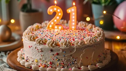 This white birthday cake with lit candles and colorful sprinkles on a wooden cake stand.