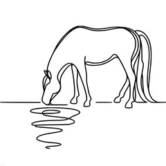 Obraz premium one horse drinks water at a watering hole, simple black vector lines on a white background.