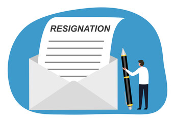 Man write resignation letter to quit job. Businessman with pen writing resignation email.