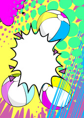Naklejka premium Cartoon Beach Ball with blank speech bubble, comic book Summer Toy background. Retro vector comics pop art design.