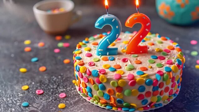 This white birthday cake with colorful sprinkles and number 22 candles.