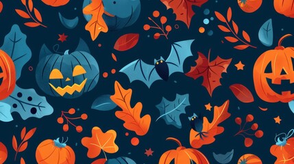 Flat design of holiday-themed elements like pumpkins and bats in a seamless pattern for a festive look.