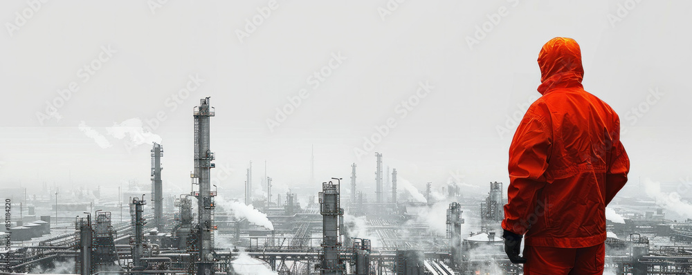 Poster a man in a red jacket stands in front of a city skyline with a foggy atmosphere. the man is wearing 