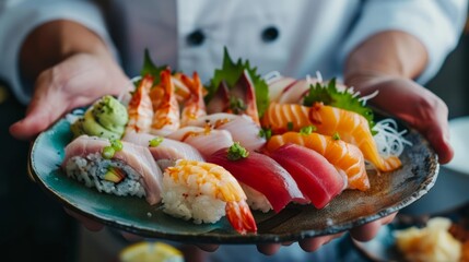 A chef showcasing a vibrant plate of chirashi sushi, with assorted sashimi over rice. 