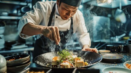A Japanese chef creating a delicate dish of tofu with intricate garnishes. 