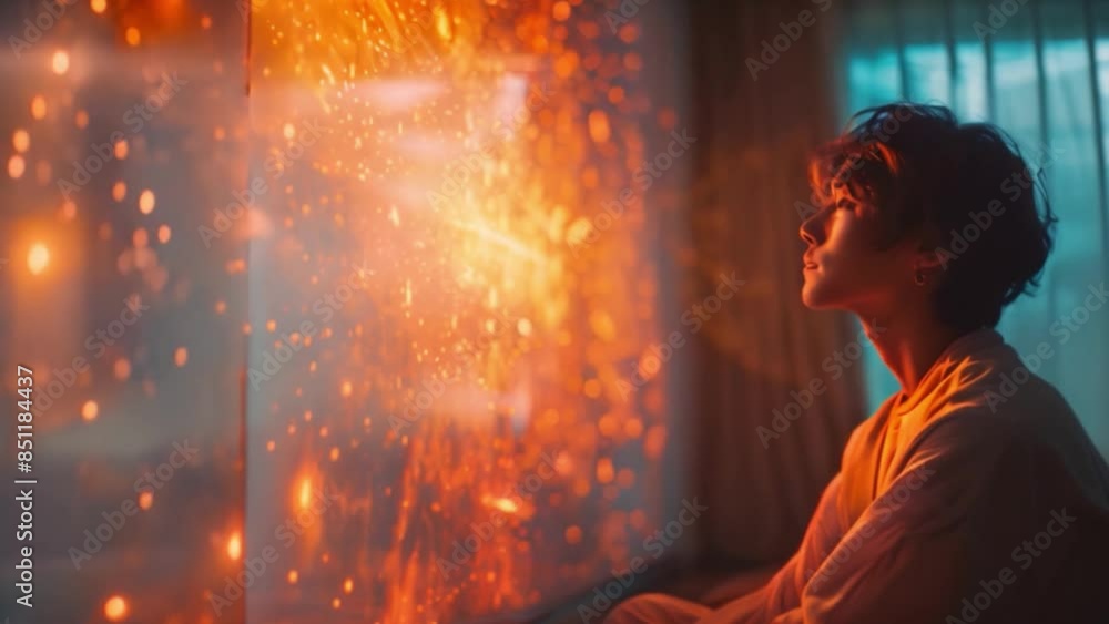Poster A person sits in a room with an illuminated screen displaying holographic visuals while participating in a virtual therapy session.