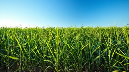 A vast sugarcane field stretches to the horizon, with green stalks contrasting against the clear blue sky.