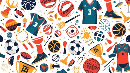 Flat illustration of sports icons like jerseys and trophies in a seamless pattern for an athletic theme.