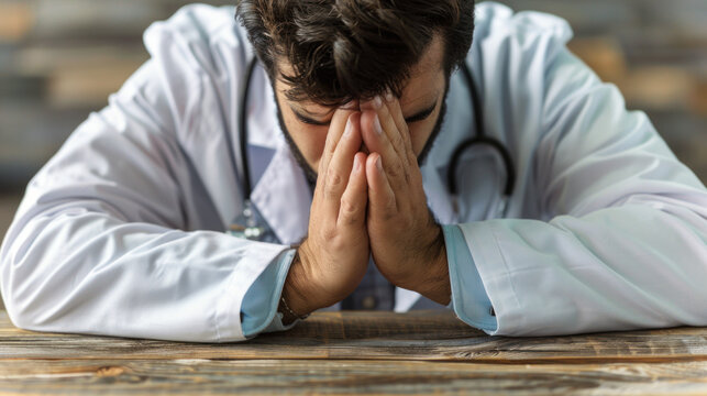 A man in a white coat is sitting at a table and appears to be in deep thought. He is wearing a stethoscope around his neck