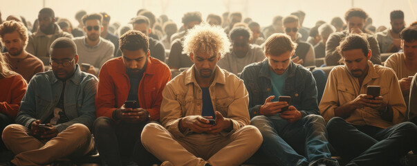 A group of people sitting in a room, all looking at their cell phones. Scene is one of boredom and disconnection, as the people are not interacting with each other or their surroundings