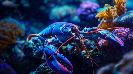 lobsters hiding in blue underwater coral reefs, with sunlight penetrating the air creating a beautiful glow around the coral, Ai generated Images