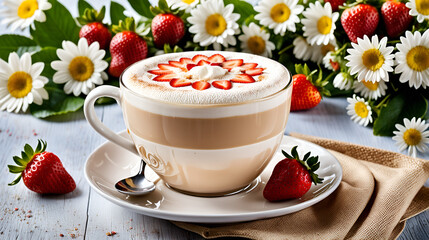 A cup of latte, close-up composition highlighting the details of coffee and milk foam, decorated with some strawberries. Surrounded by flowers and fruit,fresh style background