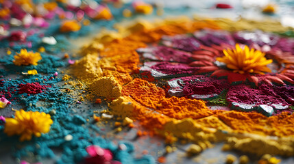 Obraz premium Brightly colored flower and powder on a table, adding a cheerful and lively touch to the setting.
