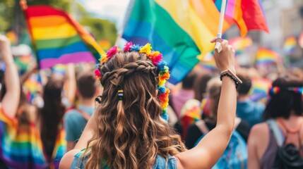 Crowd celebrating with rainbow flags at a public event