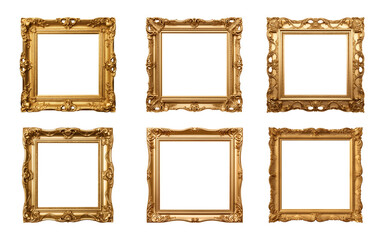 Collection of antique gold picture square frames isolated on a transparent background, PNG