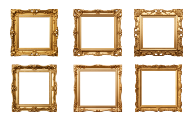 Collection of antique gold picture square frames isolated on a transparent background, PNG
