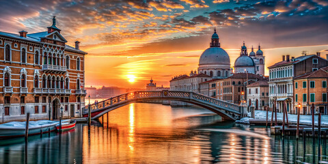 Naklejka premium Venice canal at sunset with historic buildings