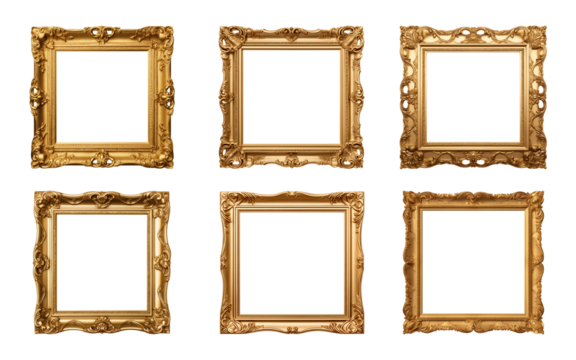 Collection of antique gold picture square frames isolated on a transparent background, PNG