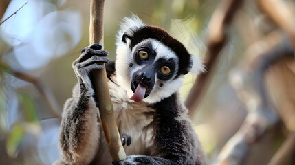Fototapeta premium Playful Lemur Sticking Out Tongue While Climbing a Tree in Natural Habitat