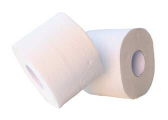 Side view of two tissue paper rolls or toilet paper in stack isolated on white background with clipping path