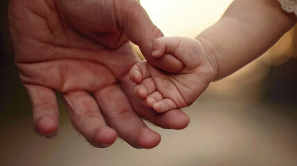 A baby is being held by a man's hand. Concept of warmth and love between the man and the baby