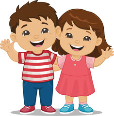 Cute Two happy smiling children cartoon character on white background