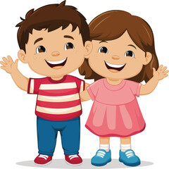 Cute Two happy smiling children cartoon character on white background