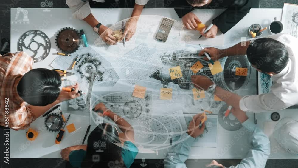 Aufkleber top view of professional civil architect engineer team write sticky notes and sticking note at house