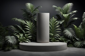 Podium exotic splay concrete Cosmetic 3D beauty dark Jungle Rock template trendy promotion Nature stone product pedestal mockup leaf palm background render Gray set podium dais