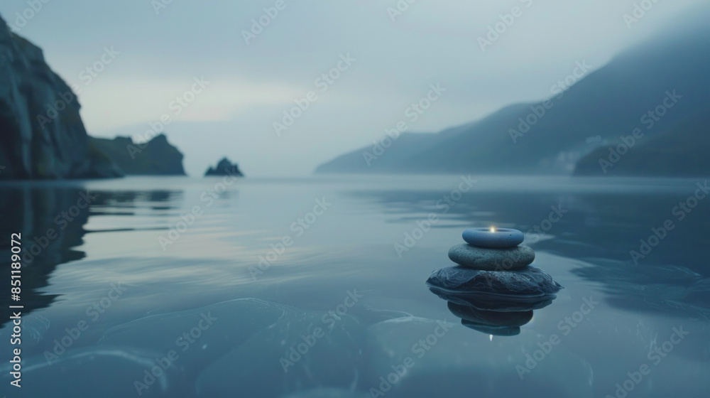 Poster a small stone is floating on the surface of a body of water. the stone is surrounded by water and he
