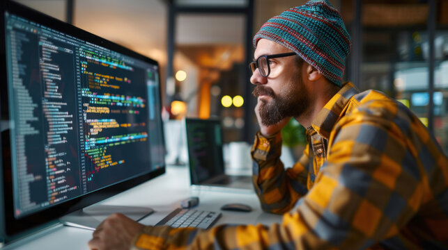 A man wearing a hat and glasses is sitting in front of a computer monitor, typing on a keyboard. He is focused on his work, possibly working on a project or programming code