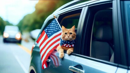 A patriotic cat traveling in a car with an American flag flying alongside, celebrating Independence Day on the 4th of July in the USA