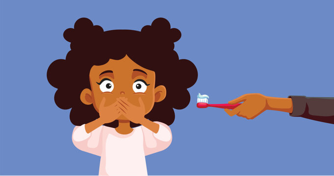 Unhappy Girl Refusing to Brush Teeth Vector Cartoon. Stressed little child having dental problems 
