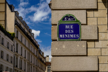 Typical vintage parisian street sign , Rue des Minimes