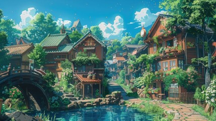 Fototapeta premium a serene fantasy village nestled by a tranquil river, surrounded by lush green trees and a bridge, under a clear blue sky with fluffy white clouds