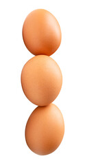 Front view of brown chicken eggs standing in stack isolated on white background with clipping path.
