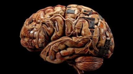 This image displays a highly detailed, anatomically realistic model of a human brain, featuring visible neurons and circuits for educational purposes.