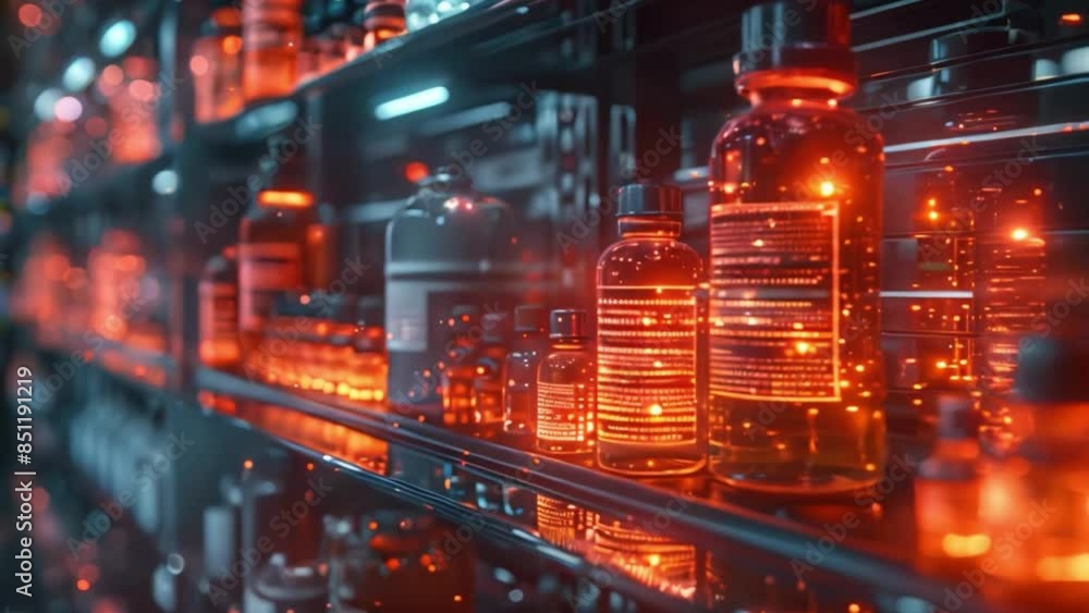 Poster a futuristic pharmacy display showcasing medication information in a holographic format, with severa