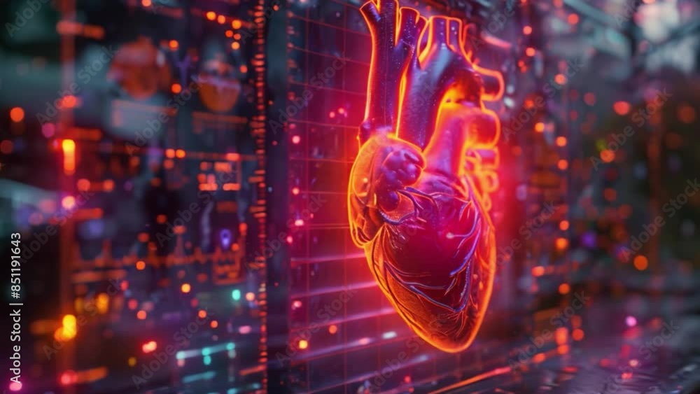 Fototapete a 3d holographic model of a human heart, illuminated in glowing orange and blue colors, is displayed