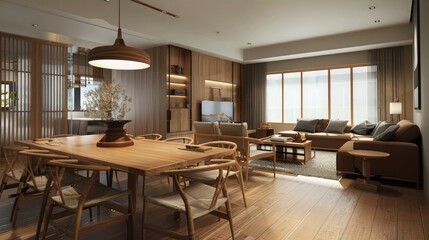 Modern Japandi style apartment room interior design and decoration with wooden dining table and chairs, brown sofa in living area. 4K video 3d rendering animation scene.